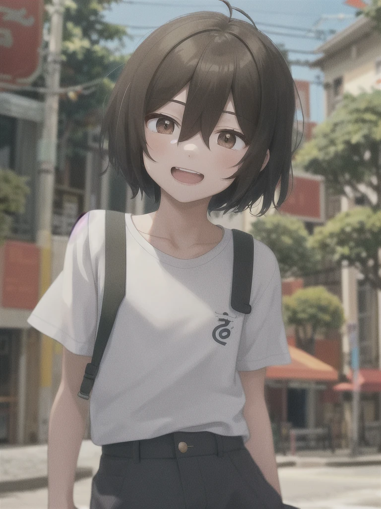 Sunny at noon, (boy 1.5) A boy is on the side of the street, the street is the background, the man is wearing a white T-shirt, the background is outdoors, the expression is particularly happy, the expression of excitement, the euphoria is a close-up, the lens mainly features the upper body, in the Loepfe art style ((Xinhai City), popular in CGStation, Shin Hai Cheng H 2160, inspired by Bian Shoumin, Xinhai Cheng, Kavasi, Guwitz style, high quality, 4K, 8K, resolution, -auto-s2