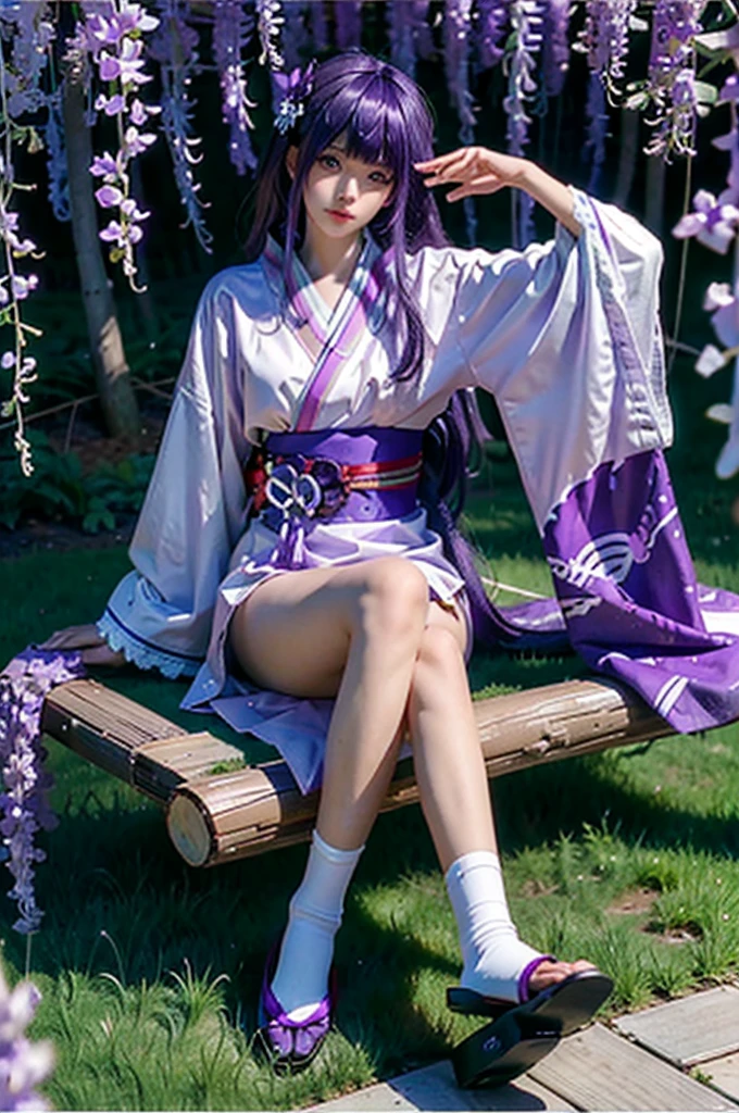 (MP-E, macro, 65mm, f/2.8), ultra realistic,32k,RAW photo,(high detailed skin:1.2), 8k uhd, high quality,1girl, solo,see-through,full body,sitting,Raiden_Ei, (purple hair:1.3),bangs,japanese clothes,solo,light purple kimono,tabi,hair ornament,long hair,logs,long hair,white socks,bare leg,sash,wide sleeves,wisteria, wisteria flower,  