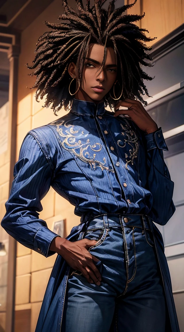 (meilleure qualité 4K ),original, 1 homme, Un bel homme à la peau foncée black , Homme afro-américain aux cheveux naturels, cheveux courts noir , coupe à la mode, nez ;ébène, reel , grand, masculin, vêtu de vêtements urbains bleus et un jean , le style est une beauté abstraite, Sundaratang, illustrations de personnages charmants, folklore , de 22ans