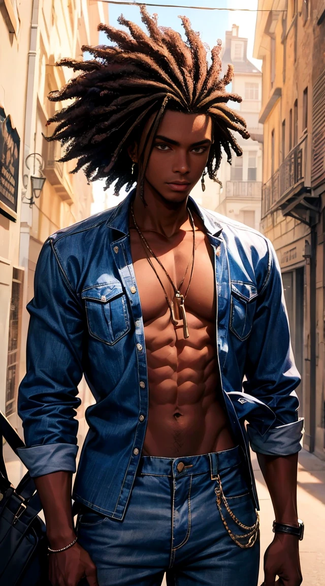 (meilleure qualité 4K ),original, 1 homme, Un bel homme à la peau foncée black , Homme afro-américain aux cheveux naturels, cheveux courts noir , coupe à la mode, nez ;ébène, reel , grand, masculin, vêtu de vêtements urbains bleus et un jean , le style est une beauté abstraite, Sundaratang, illustrations de personnages charmants, folklore , de 22ans
