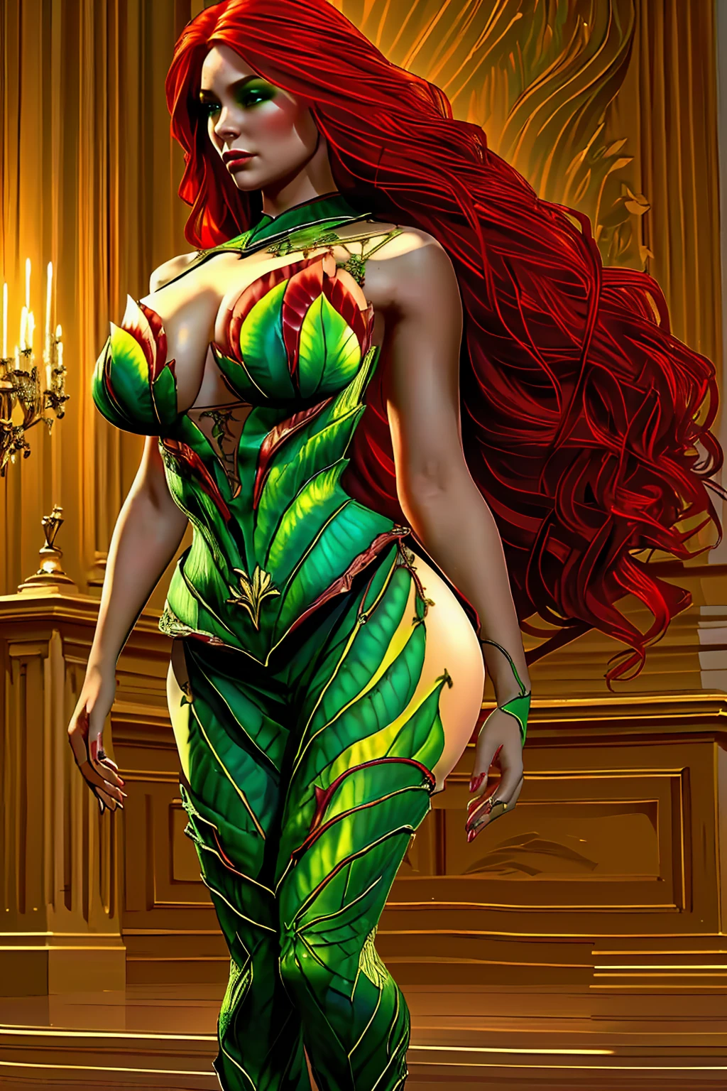 a woman with long crimson hair, wearing a long green dress with a leg slit, intricate corset, beautiful detailed eyes, beautiful detailed lips, extremely detailed face, longeyelashes, elegant pose, graceful movement, breathtaking, detailed and realistic, oil painting, dramatic lighting, warm color palette, cinematic composition, masterpiece, 8k, high quality, poison ivy