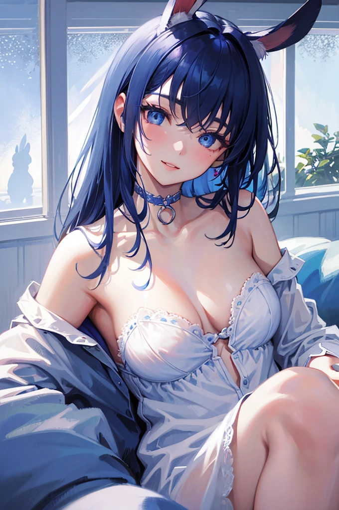 、8K, Highest quality, masterpiece, Ultra-detailed、rabbit ear、Blue Hair、、Medium hair 、Nightwear、rabbit ear、full lips、Blue Eyes、18Year-old beauty、Portrait、On the bed、、smile、pajamas、Bedroom、Random facial expressions、