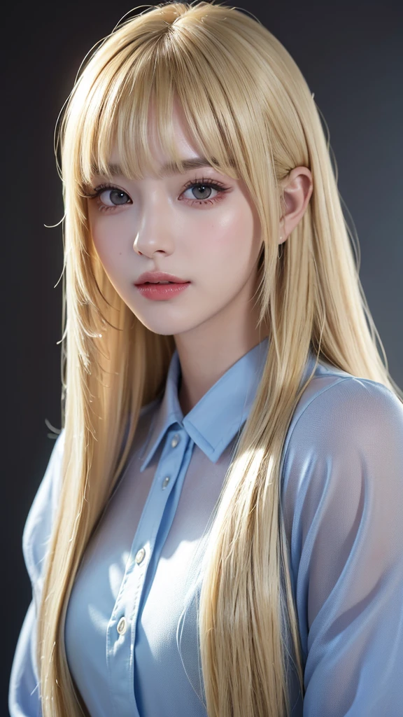 (8K, born, realistic: 1.25),, (Thin lip gloss, thin eyebrows, eyelash, tear bag, sharp bangs, shiny face, shiny skin, highest quality, ultra high resolution, Depth of the bounds written, chromatic aberration, caustics, wide lighting, natural shading, K-POPアイドル) Glasses, calm, Collect a strand of hair with your hand, long hair, smile, Small devil, inside the houseア)、(slim、:1.3)。3)、slimな腹部、over-((Blonde woman)),((Straight Bang、Princess Bang)),((Very Heavy、Berry Volume Bangs:1.1)),((Very Long、Very Heavy、Very Volume Side Lock:1. 1))、Hime cut