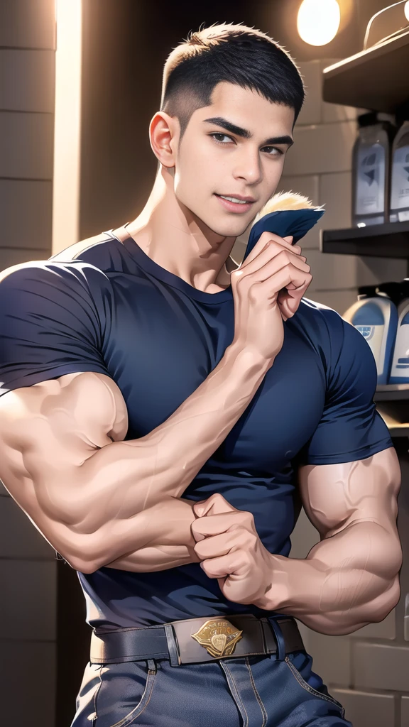 (NSFW: 1.5), (handsome Man sleep on table eating bread ),(crew cut short hair:1.8),black eye,(Wear a fitted round neck t-shirt in navy with a police badge.:1.5),(fit neck),Navy blue jeans,(black_gloves:1.2), Korean guy,chest muscles,large arm muscles,blood vessel,Big muscles,Broad shoulders, (open mouth:1.2),(face up:1.2),(close eyes:1.5), middle of the road,smile, In the bread shop, ( Cum:1.8), (genital very long: 1.6), genital very Big, (Big testicles), (Erection of the penis: 1.6), ((very big, very long penis)), masturbate, hold your hand on your penis, (semen) , Cum in bread