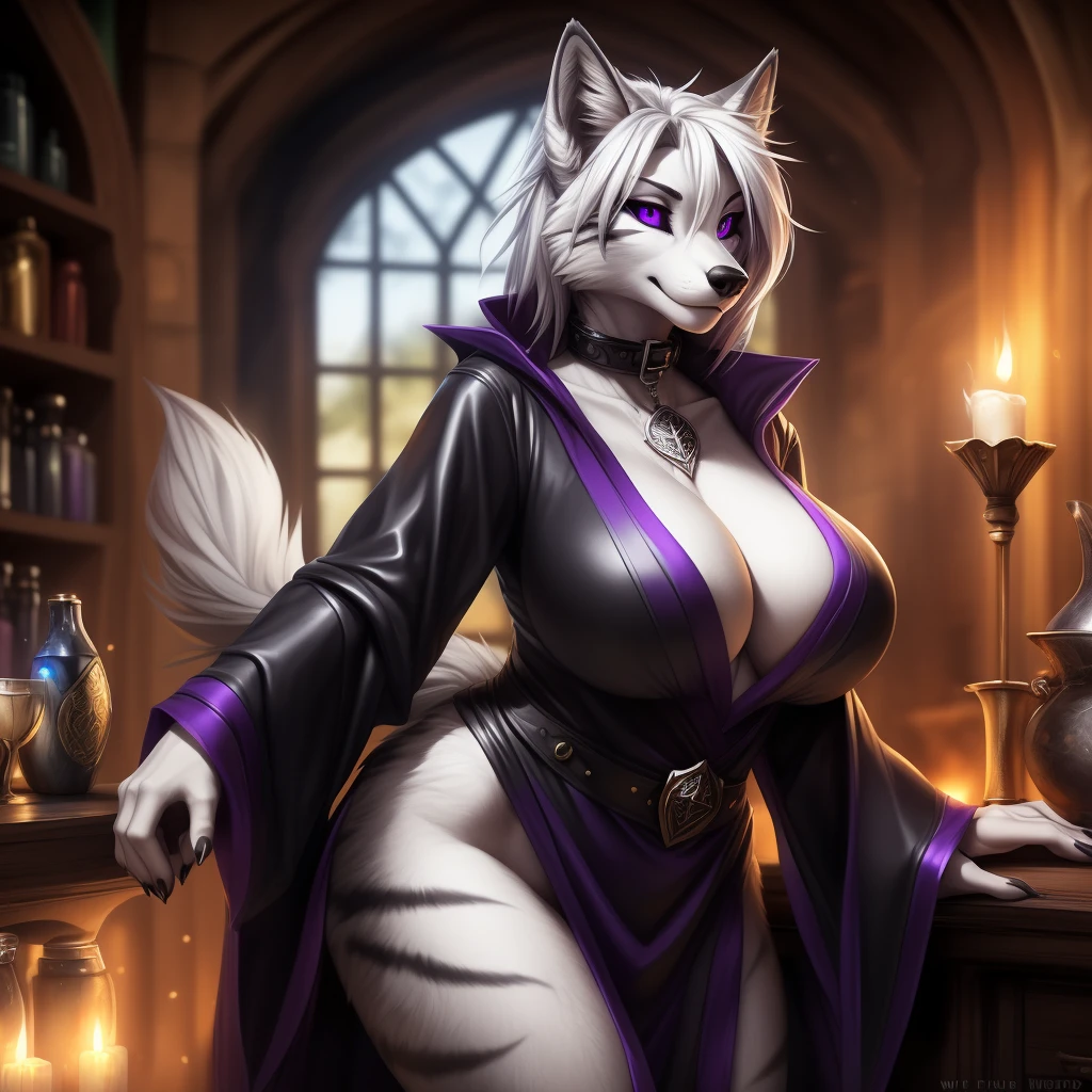 uploaded on e621, (by Wildering, by Koul, by fluff-kevlar, by aycee), solo, female wolf, wolf ears, neck tuft, hip tuft, leg tuft, wolf tail, ((black sclera, purple eyes)), ((sorceress robes)), ((painted portrait)), (masterpiece), (best quality), (anthro furry:1.3, snout:1.2, anthro:1.3, furry:1.2, solo female:1.2), (hourglass figure), (wide hips), (thick thighs), ((huge breasts)), (suggestive pose), (((black stripes on body, grey fur))) BREAK (((white air))), (witches shop background, depth of field, ambient light on the body), (intricate:0.7), (high detail:1.3), (unreal engine:1.3), (sharp focus:1.15), (masterpiece, best quality, 4k, 2k, shaded, absurd res), ((cleavage overflow)), ((leather collar))