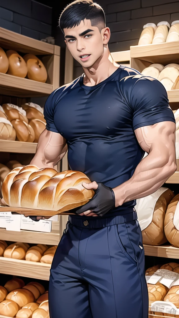 (handsome Man),(crew cut short hair:1.8),black eye,(Wear a fitted round neck t-shirt in navy with a police badge.:1.5),(fit neck),Navy blue jeans,(black_gloves:1.2), Korean guy,chest muscles,large arm muscles,blood vessel,Big muscles,Broad shoulders, (open mouth:1.2),(face up:1.2),(open eyes:1.5), middle of the road,smile, In the bread shop, (bread in hand)