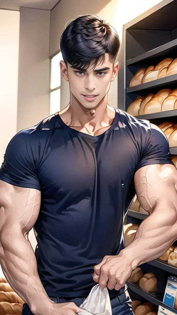 (handsome Man),(crew cut short hair:1.8),black eye,(Wear a fitted round neck t-shirt in navy with a police badge.:1.5),(fit neck),Navy blue jeans,(black_gloves:1.2), Korean guy,chest muscles,large arm muscles,blood vessel,Big muscles,Broad shoulders, (open mouth:1.2),(face up:1.2),(open eyes:1.5), middle of the road,smile, In the bread shop, (bread in hand)