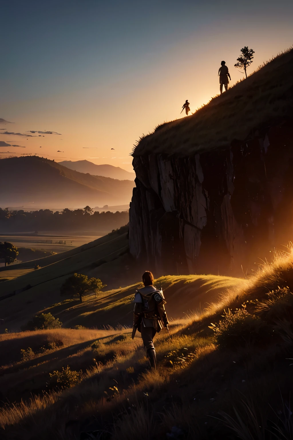 Savannah landscape, sunrise, young hero, distant Warriors, Dramatic color palette
