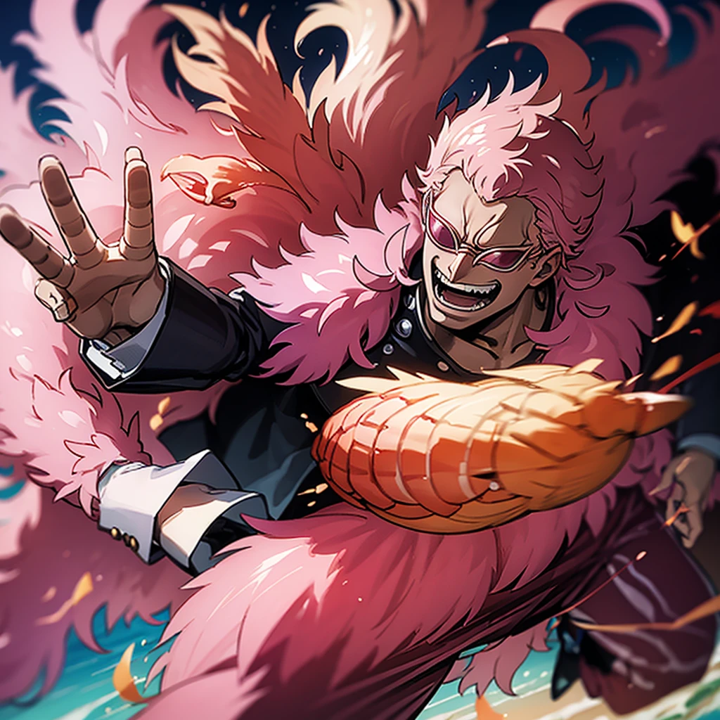 Doflamingo being chased by fried shrimp