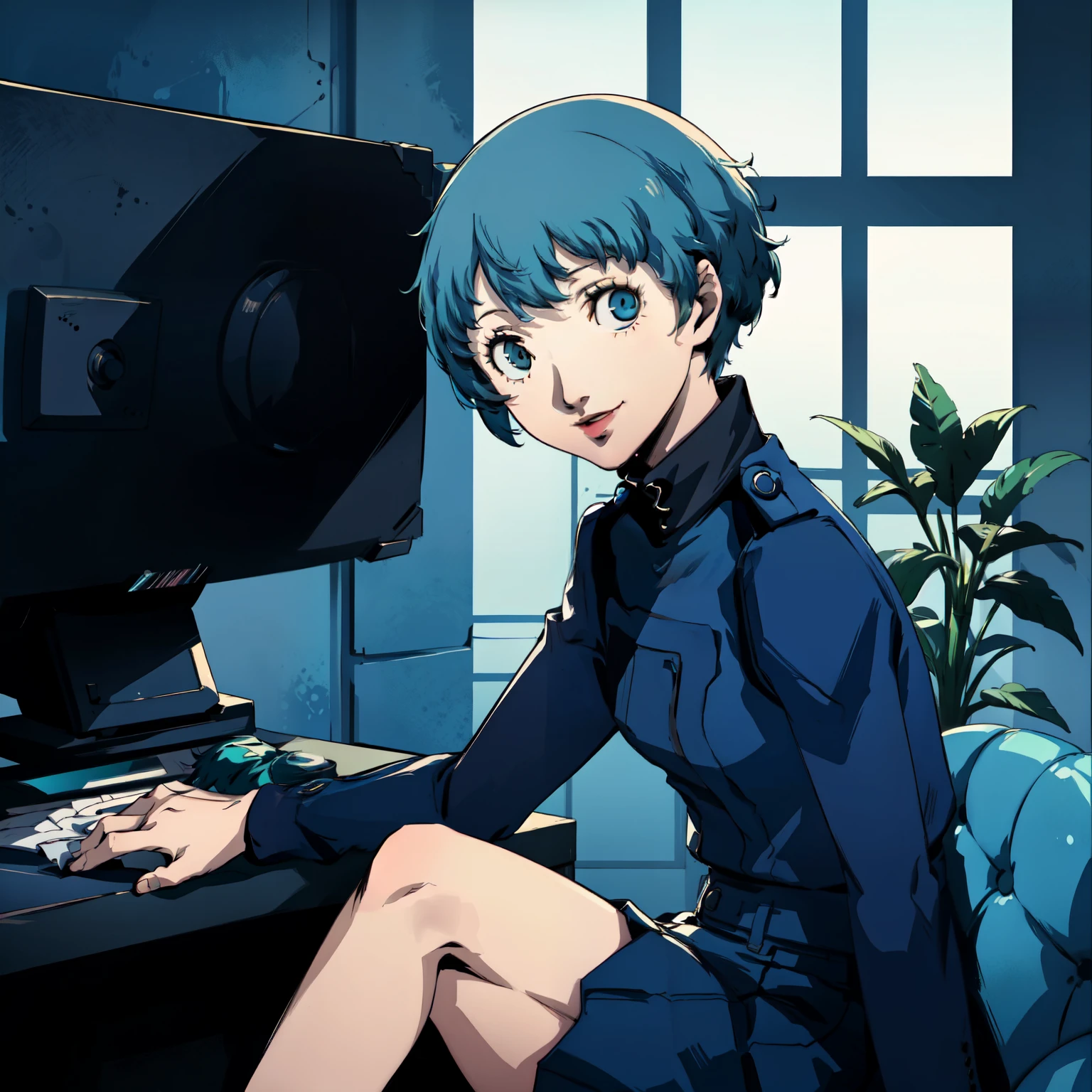 ((P3 Yamagishi Fuuka)),masterpiece, ((best quality)),((1 girl)), blue eyes, light aqua hair, female , tomboy Pixie haircut, deep blue suit,smiling,hacker,in the,dark room,sitting,looking monitor,long skirt,cute