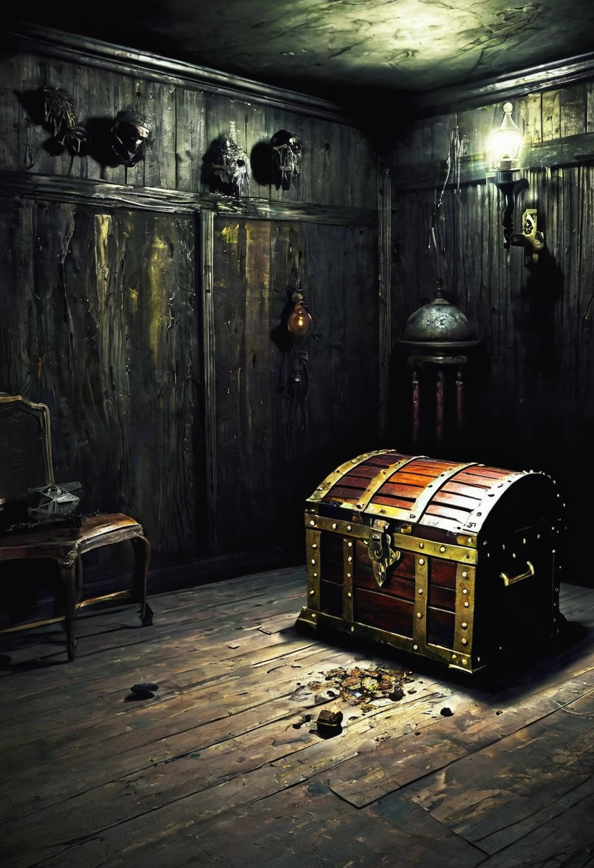 Magazine cover(masterpiece, best quality:1.2), There is a treasure chest in the room((Horror atmosphere))dark(HD)((best quality)), ((Surrealism))