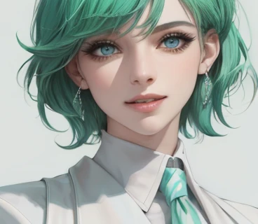 zoom out,Photo from chest up,upper body up,in business,business woman,intellectual,smile,short hair,Emerald hair,short hair,green hair,laughter,30 years,drooling eyes,upper body up, alone,know,Flow of hair that extends to the face,bangs between eyeliner hair,High resolution, Bright and clear, Big light blue eyes shine charmingly,green one piece,white jacket,eyeliner,Shining white skin,(Ultra Real), (figure), (High resolution), (In 8K), (very detailed), (Best figure), (Beautiful quality with attention to detail), (super detailed), (wallpaper), (detailed face),