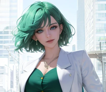 zoom out,Photo from chest up,upper body up,in business,business woman,intellectual,smile,short hair,Emerald hair,short hair,green hair,laughter,30 years,drooling eyes,upper body up, alone,know,Flow of hair that extends to the face,bangs between eyeliner hair,High resolution, Bright and clear, Big light blue eyes shine charmingly,green one piece,white jacket,eyeliner,Shining white skin,(Ultra Real), (figure), (High resolution), (In 8K), (very detailed), (Best figure), (Beautiful quality with attention to detail), (super detailed), (wallpaper), (detailed face),