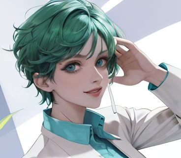 zoom out,Photo from chest up,upper body up,in business,business woman,intellectual,smile,short hair,Emerald hair,short hair,green hair,laughter,30 years,drooling eyes,upper body up, alone,know,Flow of hair that extends to the face,bangs between eyeliner hair,High resolution, Bright and clear, Big light blue eyes shine charmingly,green one piece,white jacket,eyeliner,Shining white skin,(Ultra Real), (figure), (High resolution), (In 8K), (very detailed), (Best figure), (Beautiful quality with attention to detail), (super detailed), (wallpaper), (detailed face),