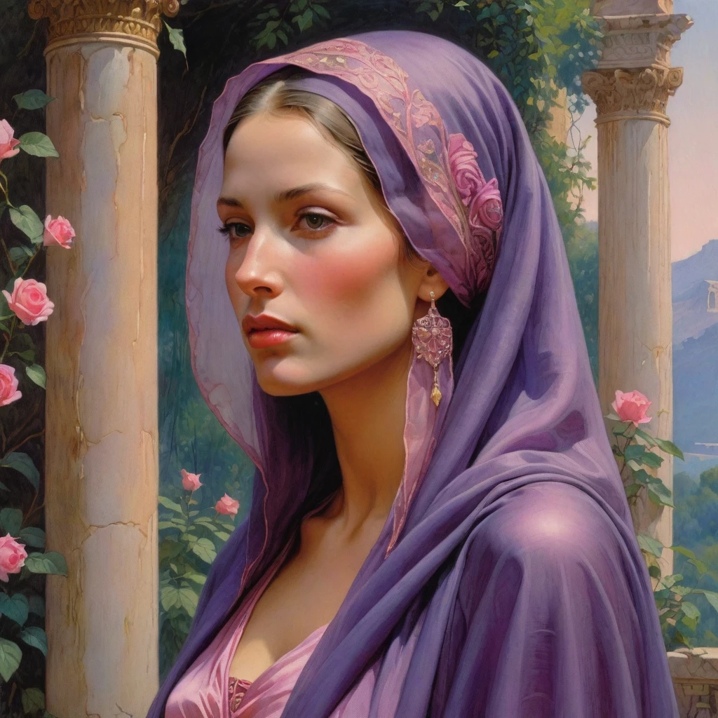 Masterpiece, (realistic), (propaganda poster), ((Moebius Jean Giraud)), (((haughty upright profile portrait of a veiled and Roman woman, young, priestess, sensual, imposing, dignified, proud, arrogant, wearing silk, purple and pink robes with detailed moth, rose elements))), ((Corinthian columns, jungle background, moths))