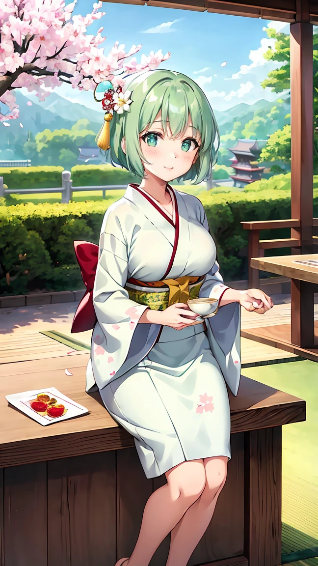 Girl with short green hair, Small breasts, Green Eyes, White Casual Wear Beauty Special、(((tits))),Full body photo from head to toe、Kimono、Patterned Japanese clothing、Cherry tree in full bloom、Fluttering petals、Tea Ceremony、Graceful Manners、Tea party、Chatting in a Japanese-style room