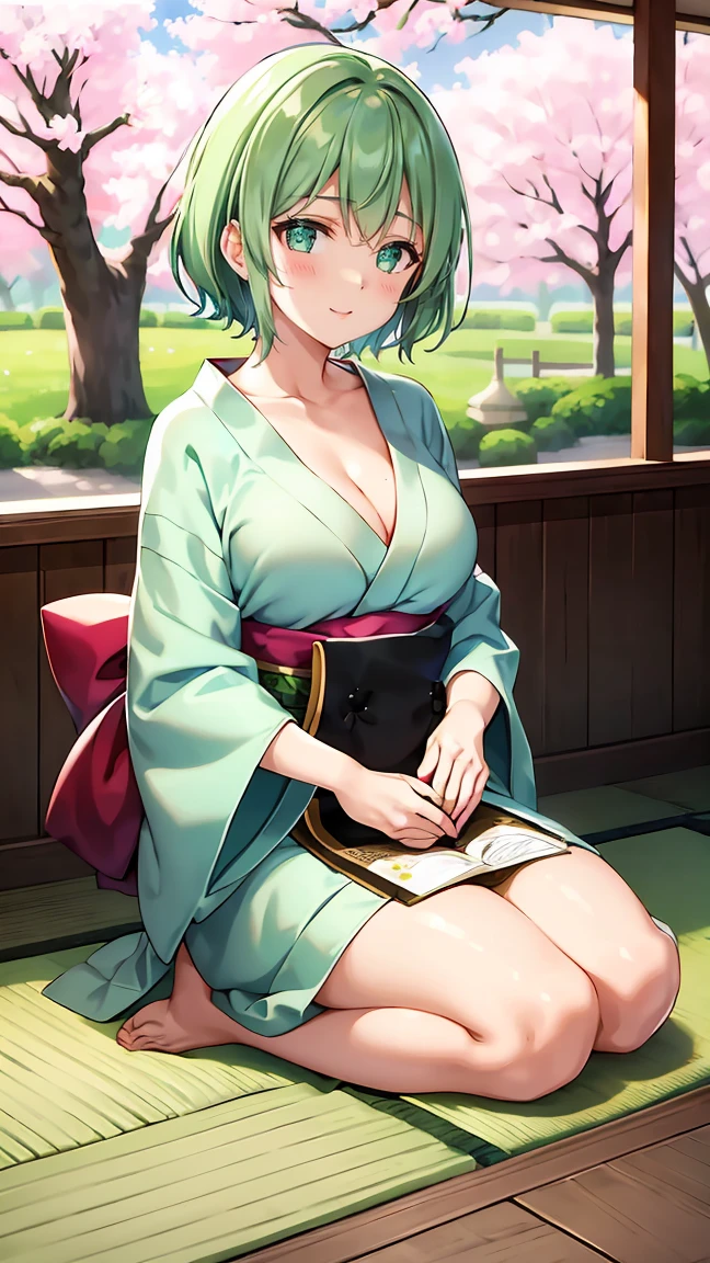 Girl with short green hair, Small breasts, Green Eyes, White Casual Wear Beauty Special、(((tits))),Full body photo from head to toe、Kimono、Patterned Japanese clothing、Cherry tree in full bloom、Fluttering petals、Tea Ceremony、Graceful Manners、Tea party、Chatting in a Japanese-style room