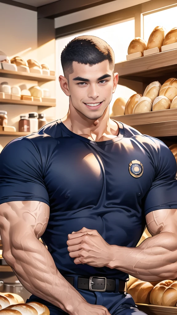 (NSFW: 1.5), (handsome Man sitting on table eating bread ),(crew cut short hair:1.8),black eye,(Wear a fitted round neck t-shirt in navy with a police badge.:1.5),(fit neck),Navy blue jeans,(black_gloves:1.2), Korean guy,chest muscles,large arm muscles,blood vessel,Big muscles,Broad shoulders, (open mouth:1.2),(face up:1.2),(open eyes:1.5), middle of the road,smile, In the bread shop,