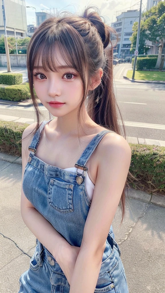 blush,14 years old,small breasts,long hair ponytail,european cityscape,denim overalls,close up of face,((8K, Raw photo, best quality, muste piece:1.2), (Reality, photorealistic:1.4), (Highly detailed 8K wallpaper), Depth of the bounds written, cinematic lighting, soft light, detailed beauty eye,Shiny and smooth light brown ponytail, asymmetrical bangs, shiny skin, super detailed skin ,high resolution, high detail, detailed hairstyle, detailed beauty face, hyper real, perfect limbs, perfect anatomy ,1 Japanese girl,famous japanese idol, perfect female body,shy smile,short eyelashes,double-edged eyelids,look straight here,Hair style is ponytail,