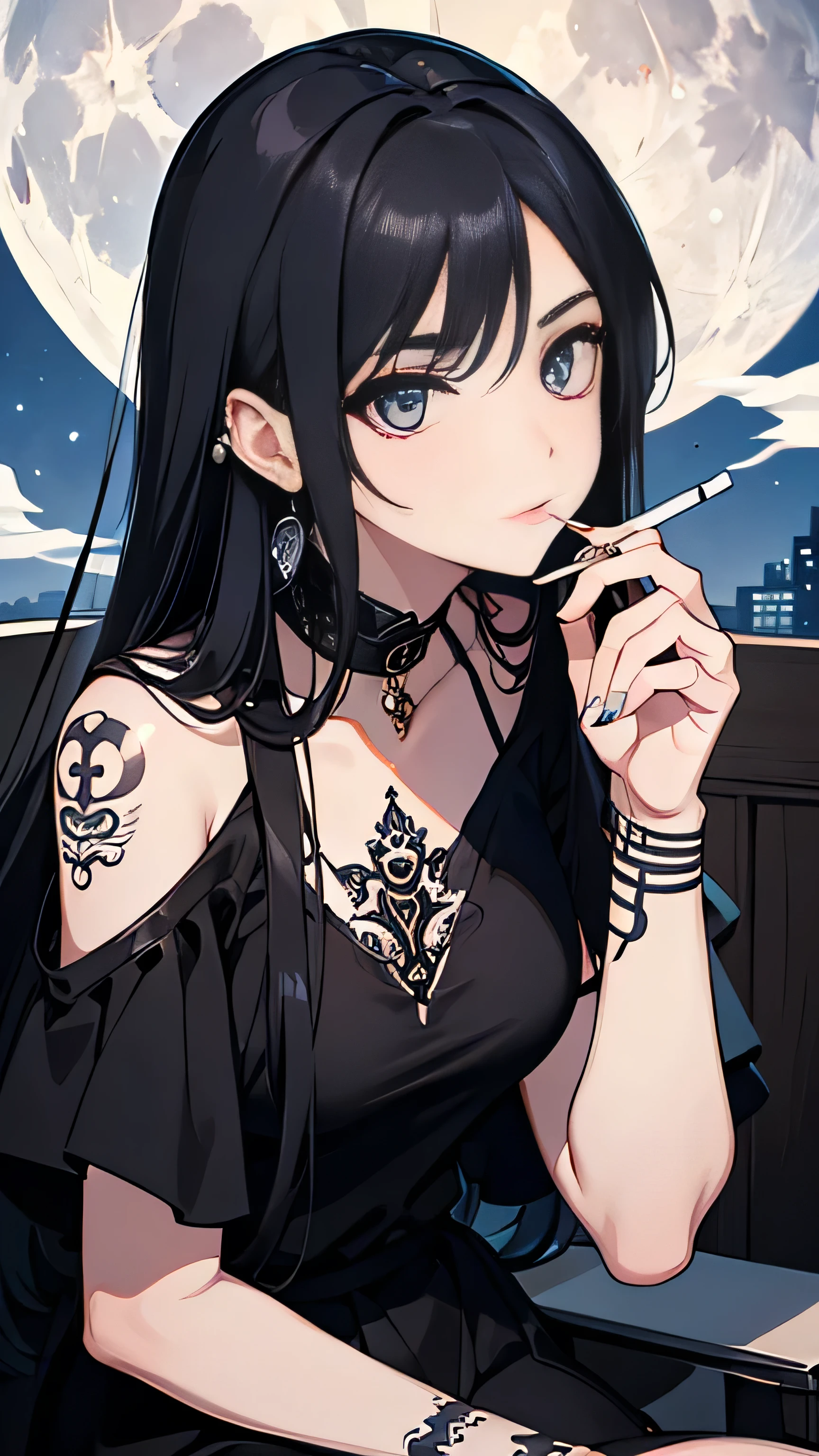 Woman holding a cigarette between her fingers、Black long hair、stage、sit、Earrings、Tattoo(moon)、Tattoo(snake)、High Quality、Beautiful Face、Biologically correct、Beautiful eyes