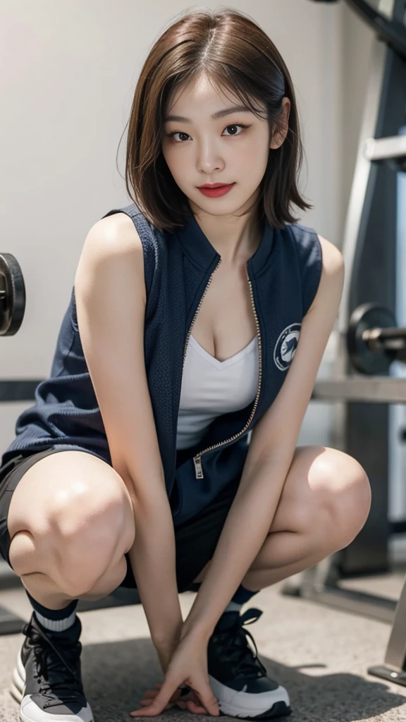 Highly detailed CG unity 8k wallpaper, of the highest quality, Super detailed, masutepiece, Realistic, photographrealistic, extremely detailed cute girl, 25yo, cleavage , (perspired) , Round eyes, peeping at the viewer, Blush, Smile, parted lip, Semi-body shot , Realistic、track suit、Realistic reproduction with vests , Panties , Squat, sports gym