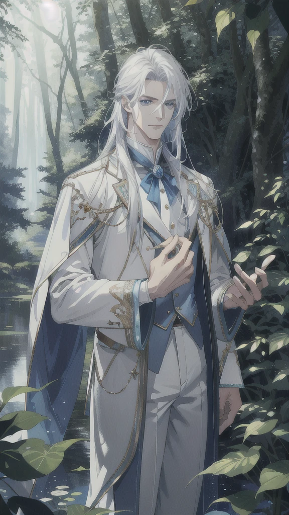 (absurdres, highres, ultra detailed), 1 male, adult, handsome, tall guy, finely detailed eyes and detailed face, white long hair, blue eyes, white garments, forest, trees full of greenery, fluttering leaves, pond, natural light and shadow, There are shiny particles flying around the man, fantastic, fairy tale, mysterious, shining sparkle