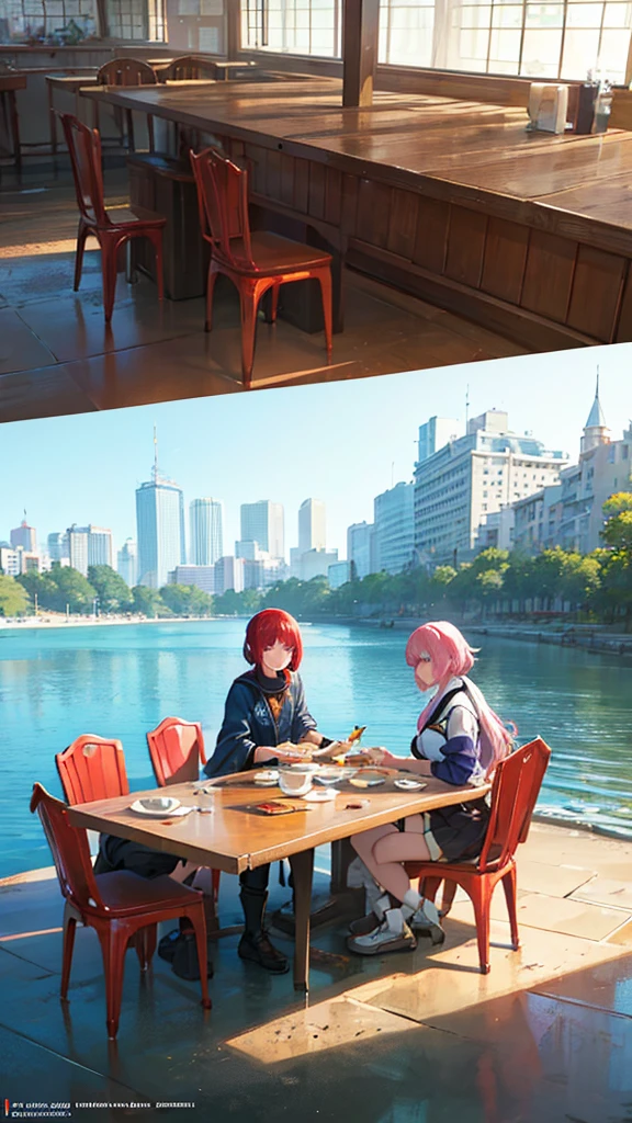 Realistic, real life, beautiful breakfast table by the water with background by greg rutkowski, style of laurie greasley, studio ghibli, geovane tarantino, james gilleard, genshin impact, pixiv trend fanbox, acrylic palette knife, 4k, (vibrant colors), (bright color contrast), (highly saturated), devinart, trend in artstation