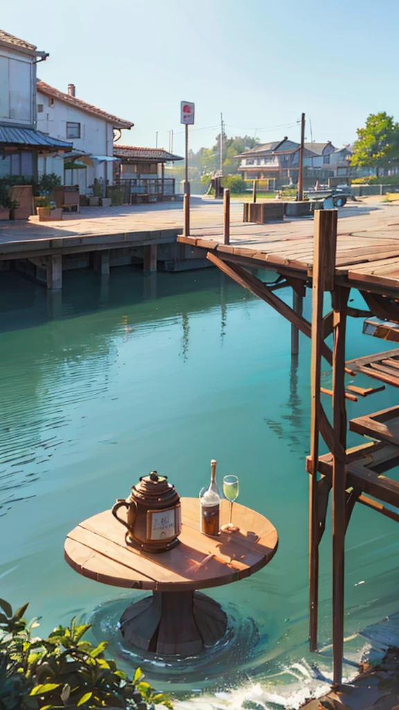 Realistic, real life, beautiful breakfast table by the water with background by greg rutkowski, style of laurie greasley, studio ghibli, geovane tarantino, james gilleard, genshin impact, pixiv trend fanbox, acrylic palette knife, 4k, (vibrant colors), (bright color contrast), (highly saturated), devinart, trend in artstation