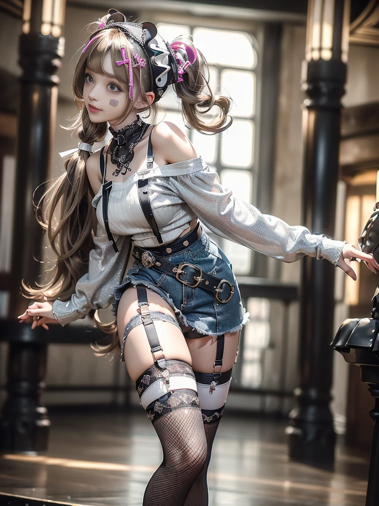 (Full Body View:1.3)、(Beautiful lips and nose:1.ide view:1.1)、(Sg with teeth showing:1.3),(Fashion Model:1.5)、(Gothic Lolita dely decorated battle uniform:1.5)、(White off-shoulder hoodie:1.5)、(Black, silver and white shorts:1.4)、(denim garter belt:1.5)、(Black and denim knee socks:1.3)、(Skull Silverssories:1.5)、(Lace collar:1.3)、(Brown Skin Belt:1.4)、(Brown boots:1.2)、(Underwear has polka dots:1.4)、23 years old、((Highest quality、In 8K、masterpiece:1.3))、Sharp focus:1.2、(ed Cut、Huge boobs:1.1),Beautiful woman perfect figure:1.4、(Dancing vigorously:1.3)、Slender Abs:1.2、Highly detaiface and skin texture、Detailed eyes、double eyelid,(Twin tails:1.3)、(Brown-golden hair:1.3)、Gravure idol、(The background is a luxurious dance hall.:1.3)、(Slim body:1.2),(Make your legs er:1.4),(clavicle:1.1)