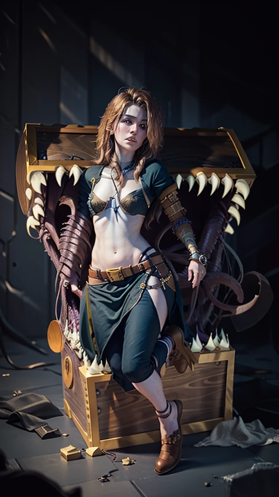 and realistic mimic chest, fantasy style, without any humans or characters in the image. The mimic should be in a dark, eerie background, with glowing eyes and sharp teeth visible. The background can include a treasure room or dungeon setting, with shadows and dim lighting to enhance the creepy atmosphere. The focus should be entirely on the mimic chest, ensuring it is the central and only subject in the image. Mimico