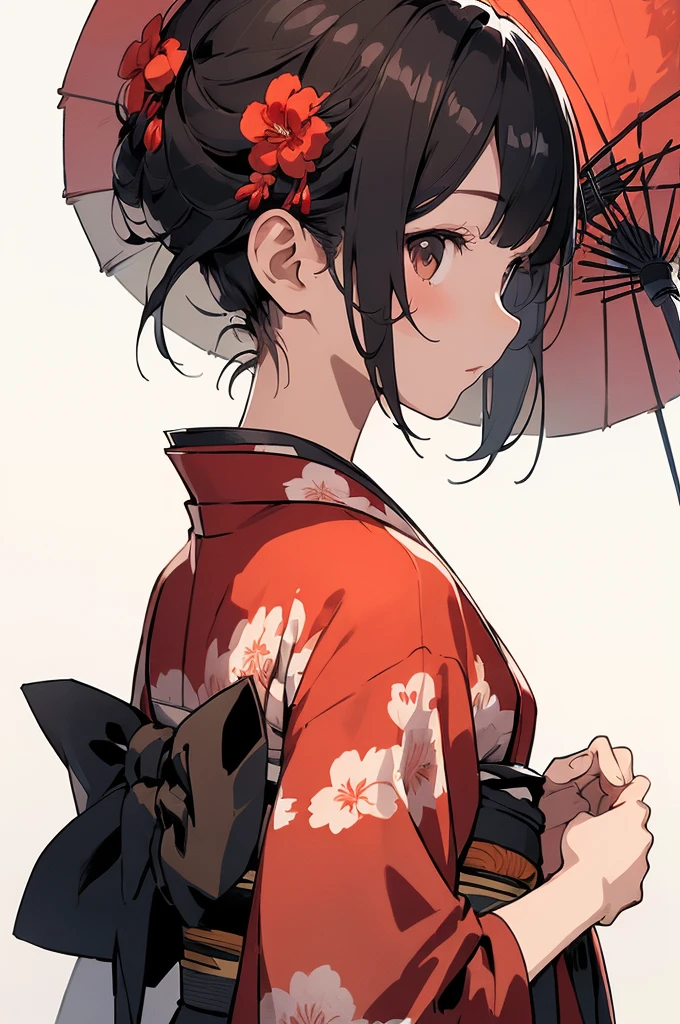 (Detailed and top quality illustrations:1.2), (pretty girl:1.0), (1 Girl, alone:1.0), (Black Short Hair:1.0), (Red kimono:1.0), (Upper Body:1.0), (Very detailed, High resolution, 4K:1.0),