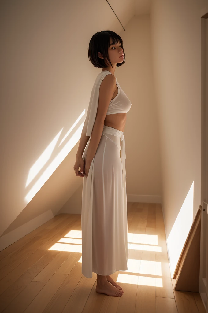 the image shows a woman with straight, short hair standing wearing a white blanket under her body in an attic with a polished wooden floor behind her in a huge round room where a lot of white light illuminates giving a total contrast to the woman so that she is not we only see its contrast against the light the ceiling is triangular the image has depth, lots of contrast and great lighting coming from the window behind it.