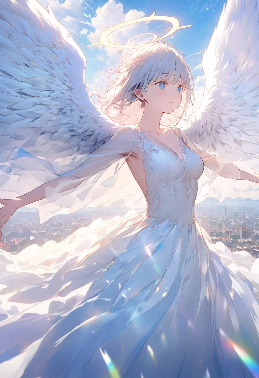 A (back view:1.5) of a very beautiful female angel\(long platinum hair, wide-backed white dress,(big beautiful angel wing from her chest),very beautiful shiny halo\), she is spreading her arms wide and gently as if seeking salvation, she is above the clouds looking down on the world below, a fierce war\((so many sparks and fires), missles, battle plane, many buildings collapsing, nature being destroyed, a magnificent andspectacular scenery\) is taking place below the clouds, BREAK ,quality\(8k,wallpaper of extremely detailed CG unit, masterpiece,hight resolution,top-quality,top-quality real texture skin,hyper realisitic,increase the resolution,RAW photos,best qualtiy,highly detailed,the wallpaper,cinematic lighting,ray trace,golden ratio\)