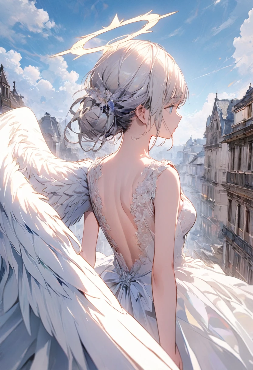 A (back view:1.5) of a very beautiful female angel\(long platinum hair, wide-backed white dress,(big beautiful angel wing from her chest),very beautiful shiny halo\), she is spreading her arms wide and gently as if seeking salvation, she is above the clouds looking down on the world below, a fierce war\((so many sparks and fires), missles, battle plane, many buildings collapsing, nature being destroyed, a magnificent andspectacular scenery\) is taking place below the clouds, BREAK ,quality\(8k,wallpaper of extremely detailed CG unit, masterpiece,hight resolution,top-quality,top-quality real texture skin,hyper realisitic,increase the resolution,RAW photos,best qualtiy,highly detailed,the wallpaper,cinematic lighting,ray trace,golden ratio\)