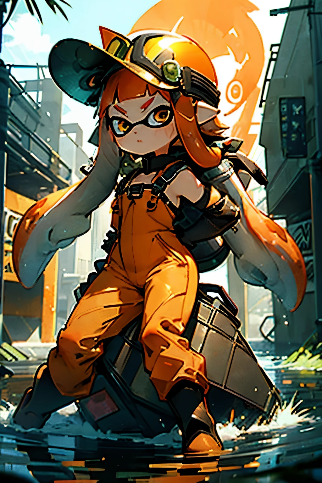 masterpiece、Highest quality、High resolution、Ultra-detailed cinematic visual art、Real Anime、3d、(Splatoon girl wearing orange construction work clothes)、((Orange jumpsuit、Orange long overalls))、Black safety belt on shoulder、Black harness belt、((Green rubber boots、Green rubber gloves、orange helmet))、Big Breasts、Cleavage、Open front clothing、Dam construction、Battle stance on water、dynamic battle pose、Waterlogged ground、Golden Eyes、Golden tentacle hair、A slightly thinner face、Glaring Eyes、Cool expression with mouth open、V-shaped eyebrows、Daytime、、In the background is the silhouette of a giant, deformed Western dragon.、Visuals that attack、glowing eyed dragon、、Making the most of the length and height of the screen、