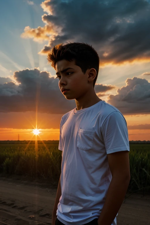 Sad young boy with sun set 