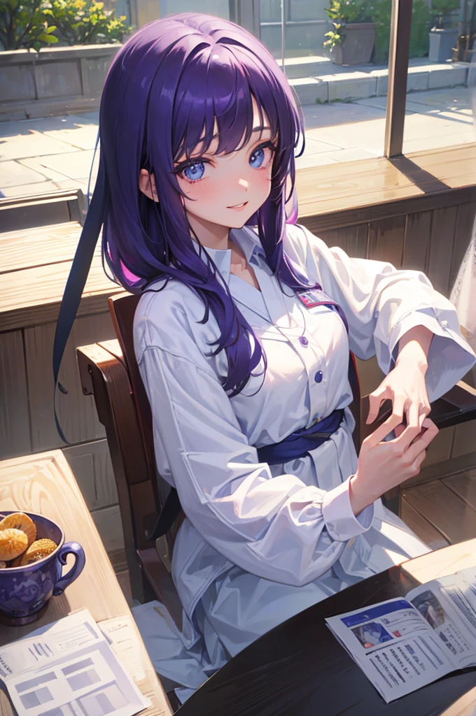 8K, Highest quality, masterpiece, Ultra-detailed、parted bangs、Purple Hair、Medium hair, parted bangs、full lips、Blue Eyes、18Year-old beauty、Portrait、School、smile、Japanese 、classroom、Random facial expressions