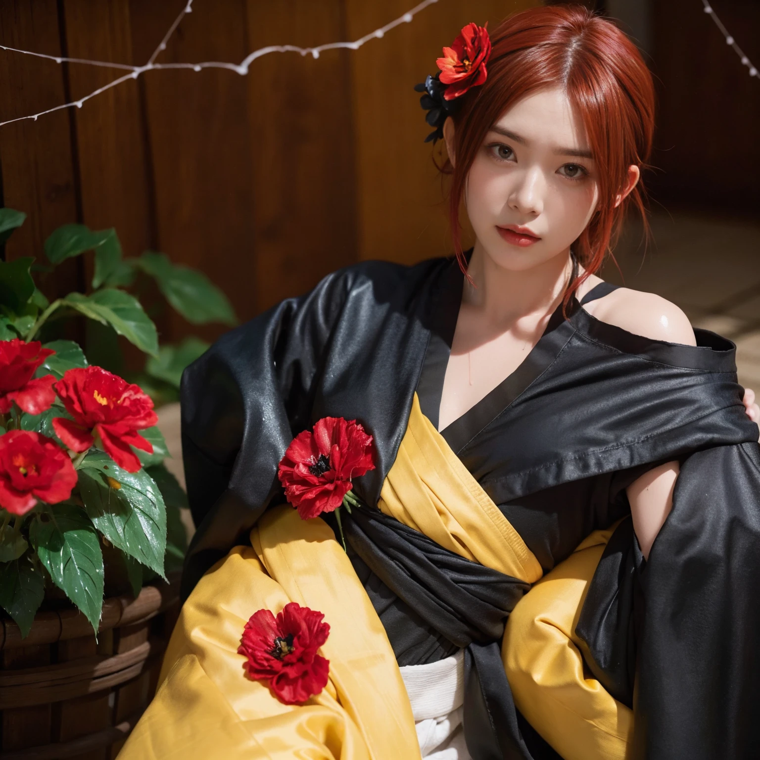 (Torn clothes:1.5),(Wet clothes:1.4),Bare shoulders,Real rain,Short black hair,(((Red flower hair ornament,Yellow eyes))),((Black kimono with spider web painting on shoulder)),Wet hair,White shirt,Best quality,Masterpiece,Ultra high resolution,(Fidelity:1.4),Photo,1 girl,[(Sadness)],Dim,Gloomy,Hopeless,Sympathetic,Pathetic,Cinematic,Tears,Teardrop,