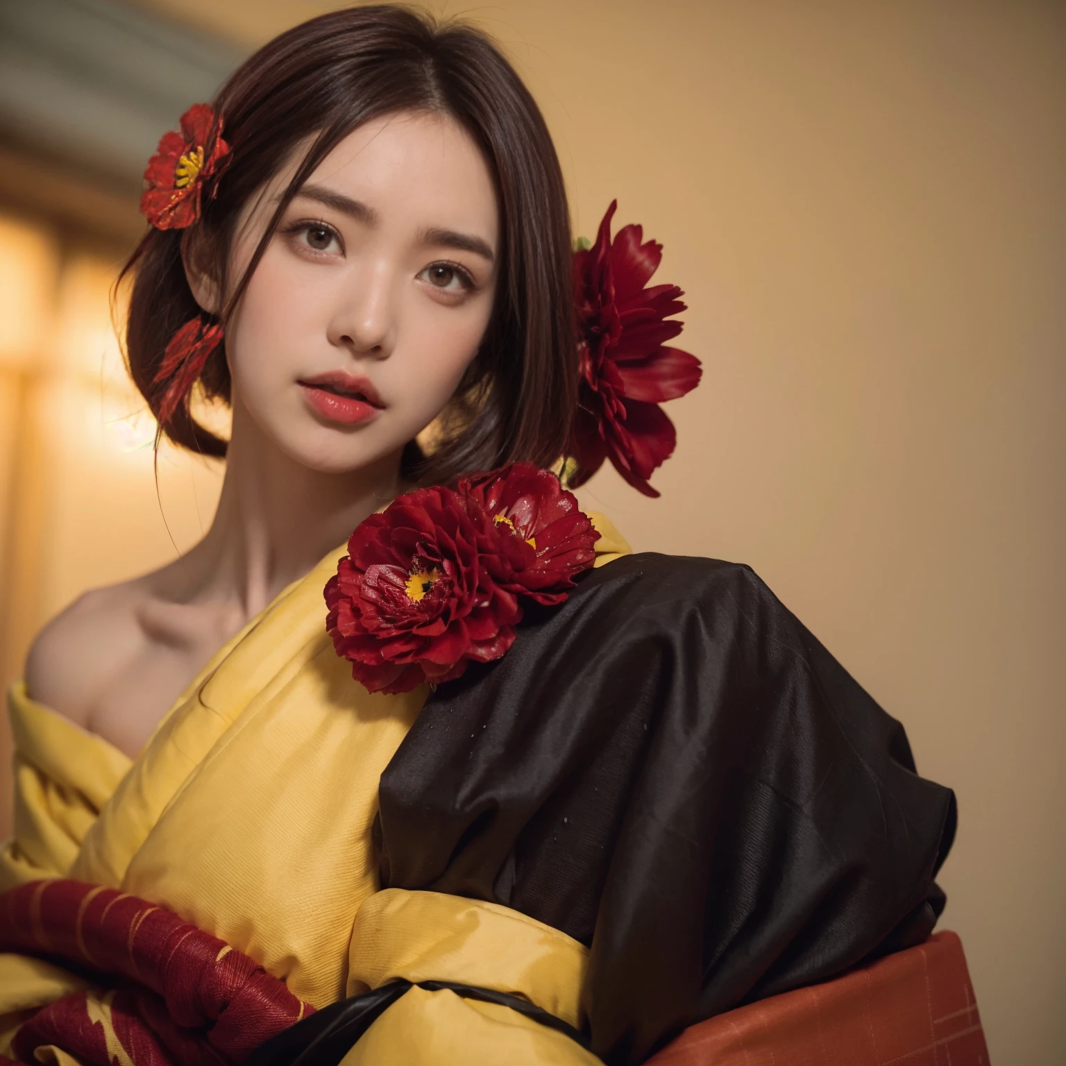 (Torn clothes:1.5),(Wet clothes:1.4),Bare shoulders,Real rain,Short black hair,(((Red flower hair ornament,Yellow eyes))),((Black kimono with spider web painting on shoulder)),Wet hair,White shirt,Best quality,Masterpiece,Ultra high resolution,(Fidelity:1.4),Photo,1 girl,[(Sadness)],Dim,Gloomy,Hopeless,Sympathetic,Pathetic,Cinematic,Tears,Teardrop,