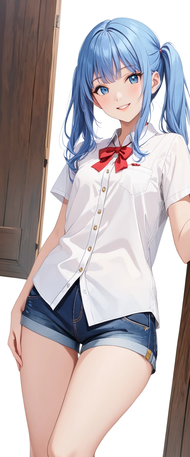 whole body, (female): 1girl, (solo), (perfect face), (detailed outfit), (little girl), beautiful female, smile (happy), blue hair, long hair, twintails hair, blue eyes, (white shirt, denim short pants), (white background), (masterpiece:1.4), (best quality), (highres) (sharp focus),