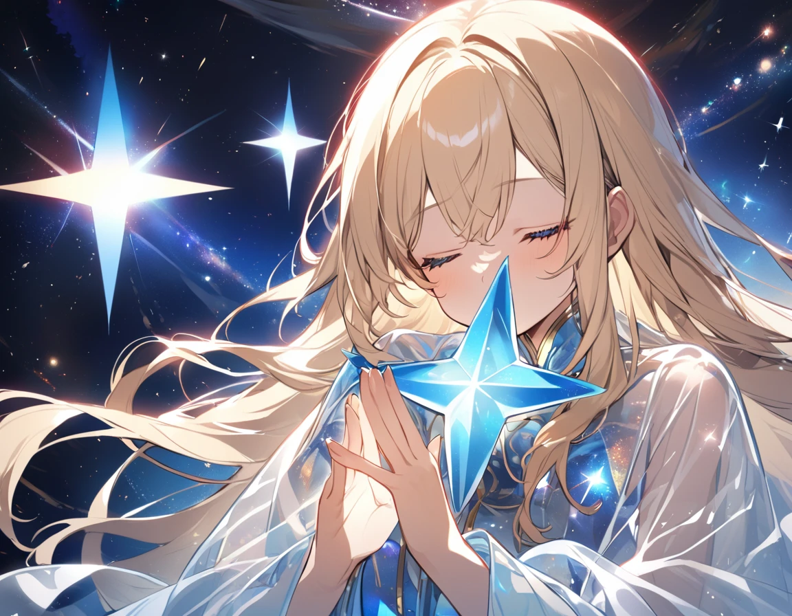 ((Red shining  big star)), ((blue shining big star)), blonde goddess, transparent robe, prayer, eyes closed, space,