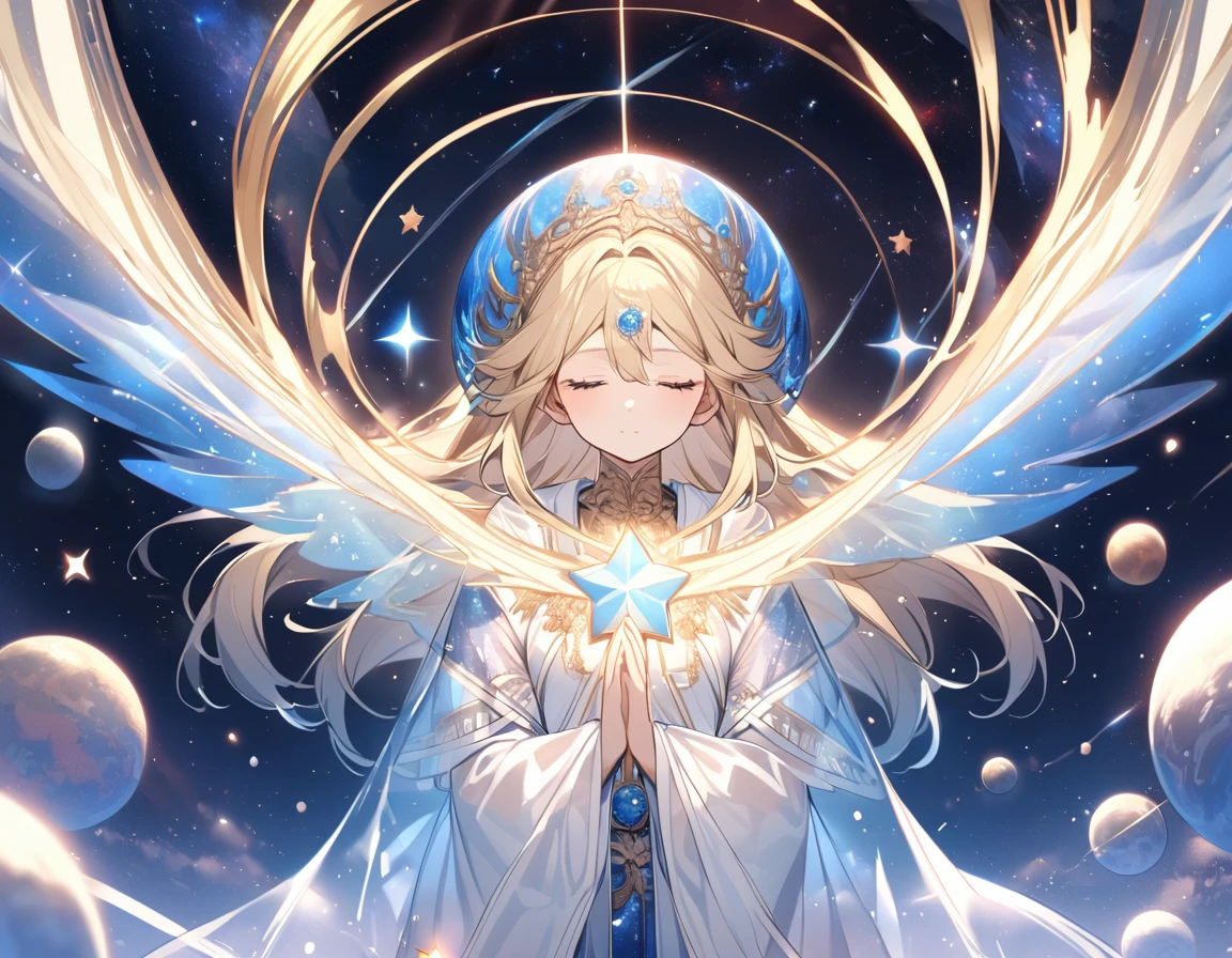 ((Red shining  big star)), ((blue shining big star)), blonde goddess, transparent robe, prayer, eyes closed, space,