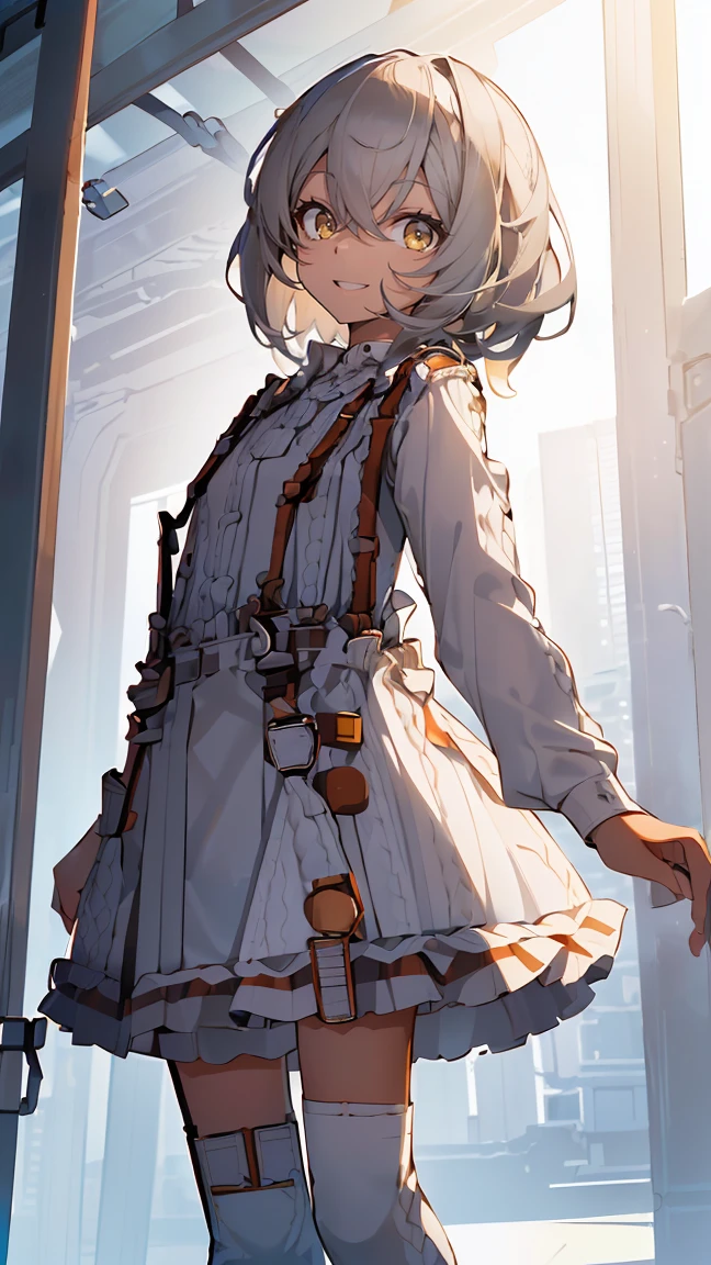 dress,1girl with((bare belt, eyebrows visible through hair, hair between eyes, long sleeves, (suspenders:1.55), looking at viewer, shirt, single thighhigh, solo, thighhighs, white legwear, white shirt, white knit sweater, frilled skirt, belt buckle, buckle, frills, (medium hair:1.55), frilled dress, frilled shirt))