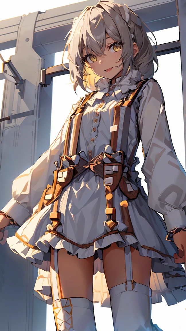 dress,1girl with((bare belt, eyebrows visible through hair, hair between eyes, long sleeves, (suspenders:1.55), looking at viewer, shirt, single thighhigh, solo, thighhighs, white legwear, white shirt, white knit sweater, frilled skirt, belt buckle, buckle, frills, (medium hair:1.55), frilled dress, frilled shirt))