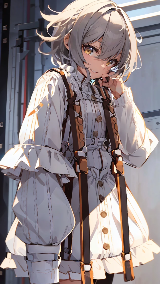 dress,1girl with((bare belt, eyebrows visible through hair, hair between eyes, long sleeves, (suspenders:1.55), looking at viewer, shirt, single thighhigh, solo, thighhighs, white legwear, white shirt, white knit sweater, frilled skirt, belt buckle, buckle, frills, (medium hair:1.55), frilled dress, frilled shirt))
