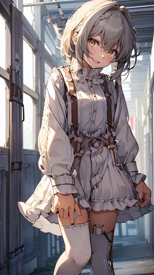 dress,1girl with((bare belt, eyebrows visible through hair, hair between eyes, long sleeves, (suspenders:1.55), looking at viewer, shirt, single thighhigh, solo, thighhighs, white legwear, white shirt, white knit sweater, frilled skirt, belt buckle, buckle, frills, (medium hair:1.55), frilled dress, frilled shirt))