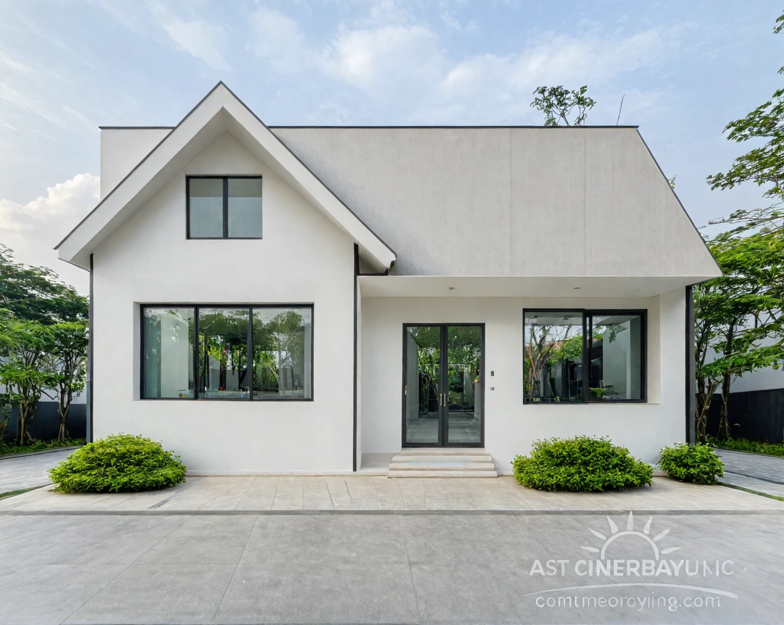 RAW photo, a photo of a modern villa, sidewalk, sidewalk trees, steel gate, road, viet nam modern residence, a car parked in front of it, rough white wall, new residential area, wide angle exterior 2022, contemporary house, exterior photography, masterpiece, contemporary architecture, overcast, indirect lighting
