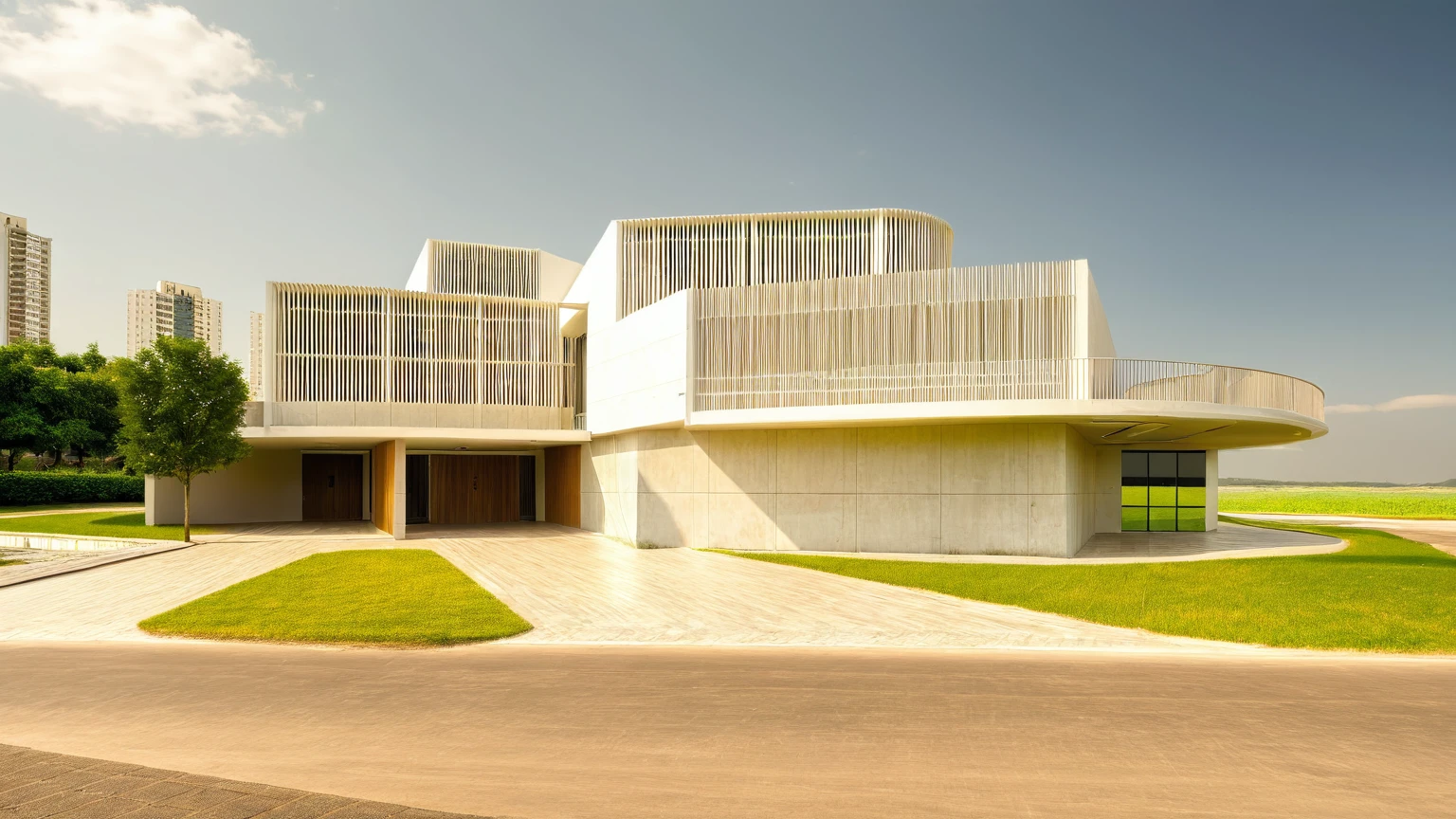 Raw photo,Masterpiece, high quality, best quality, authentic, super detail, exterior, outdoors,Tuonghoagio,house, modern stytle, on the street,wind flower wall, glass windows, white wall,gate, metal railing road,pavement, grass, trees, blue sky, (daylight:1.1), ((realistic photo))