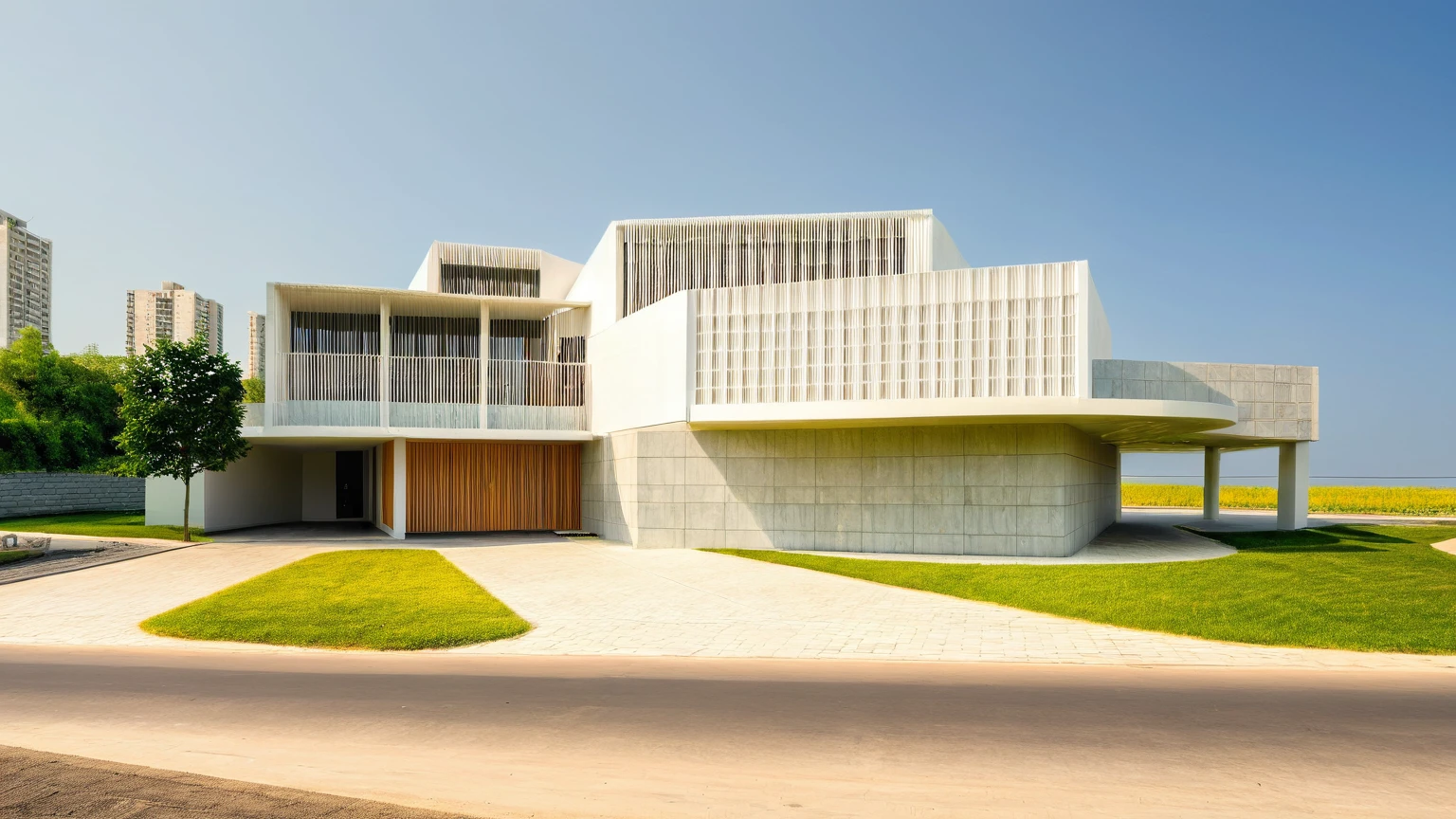 Raw photo,Masterpiece, high quality, best quality, authentic, super detail, exterior, outdoors,Tuonghoagio,house, modern stytle, on the street,wind flower wall, glass windows, white wall,gate, metal railing road,pavement, grass, trees, blue sky, (daylight:1.1), ((realistic photo))
