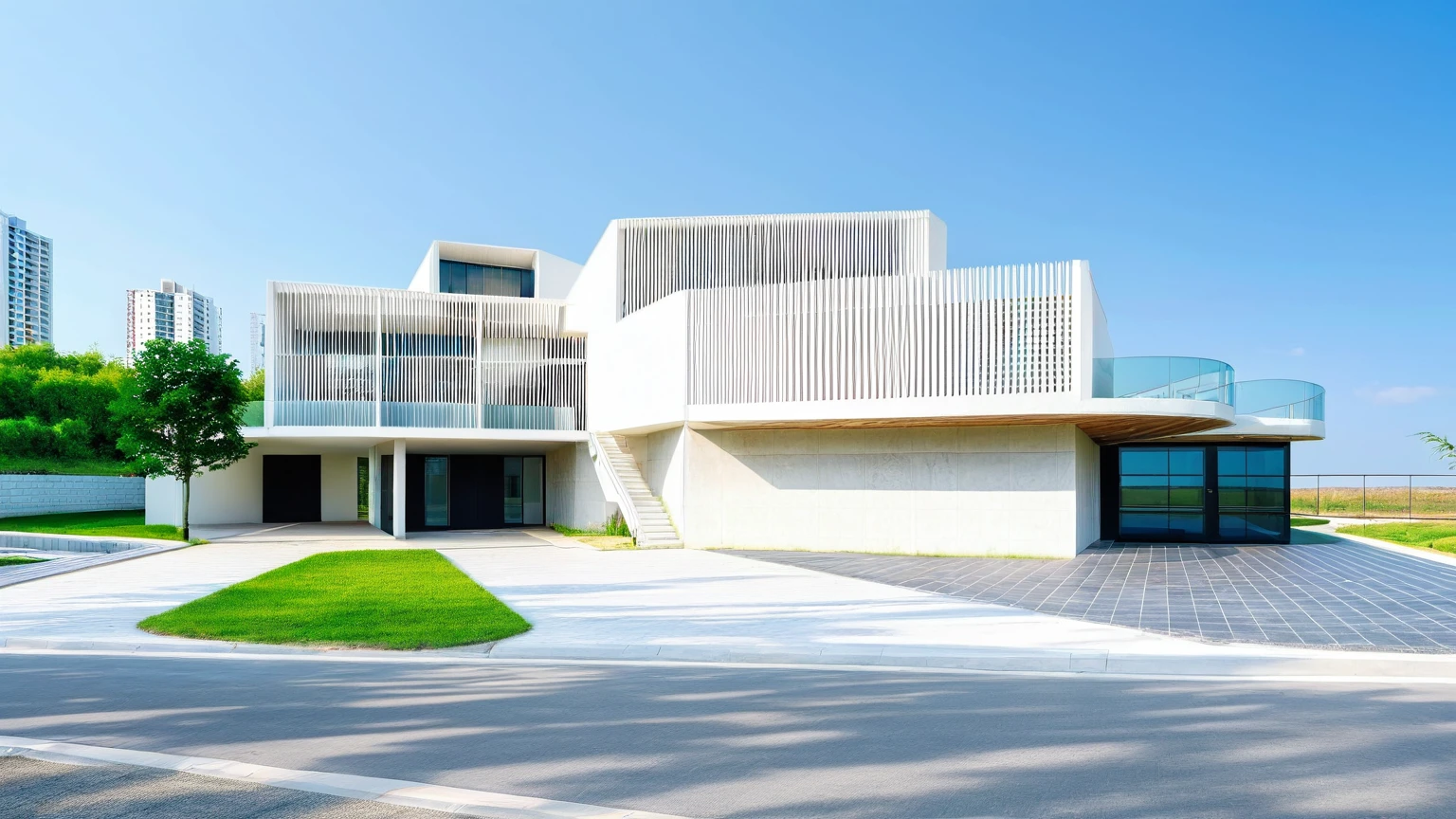 Raw photo,Masterpiece, high quality, best quality, authentic, super detail, exterior, outdoors,Tuonghoagio,house, modern stytle, on the street,wind flower wall, glass windows, white wall,gate, metal railing road,pavement, grass, trees, blue sky, (daylight:1.1), ((realistic photo))